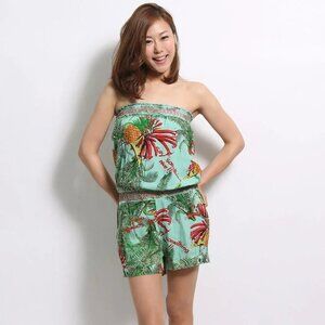 Desigual Strapless Tube Boho Tropical Print Romper Pineapples Palm Trees XS